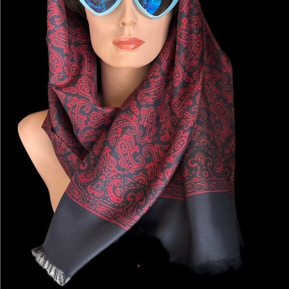 Red navy vintage silk paisley fringe scarf Italy 23.5” x 50”-Codes label lux - Picture 5 of 13